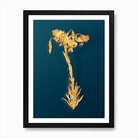 Vintage Lily Botanical in Gold on Teal Blue n.0348 Art Print
