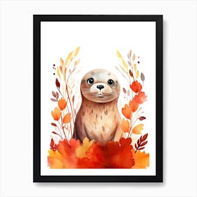 A Seal Watercolour In Autumn Colours 1 Art Print