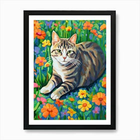 Tabby Cat With Flowers Oil Painting Art Print