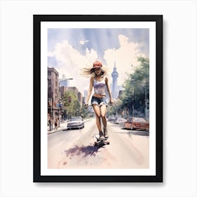 Girl Skateboarding In Toronto, Canada Watercolour 2 Art Print