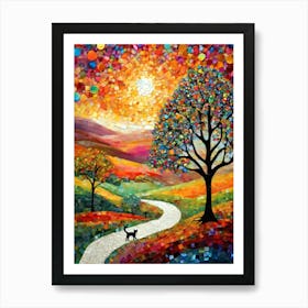 The Road Home - Meow Meow - Beautiful Rainbow Mosiac of Whimsical Black Cat Watching the Sun Set on the Path Home Whimsy Kitty Art for Cat Lover, Cat Lady, Chakra Pride Pagan Witch Colorful Swirling Trees HD Art Print