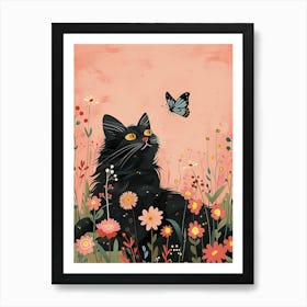 Black Cat With Butterfly 1 Art Print