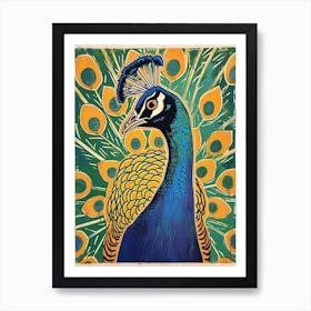 Blue Mustard Linocut Inspired Peacock Feather 5 Art Print