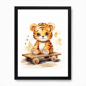 Baby Tiger On A Toy Car, Watercolour Nursery 5 Art Print