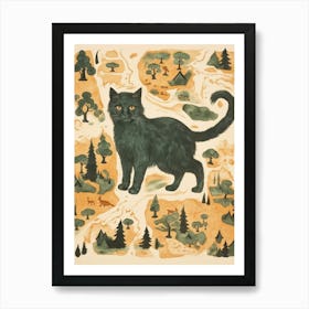 Medieval Style Map Of Black Cat & Forest Art Print