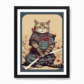 Cute Samurai Cat In The Style Of William Morris 10 Art Print