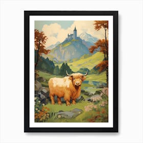 Blonde Highland Cow With Castle In The Background Art Print
