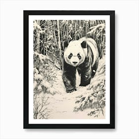 Giant Panda Walking Through A Snow Covered Forest Ink Illustration 2 Art Print