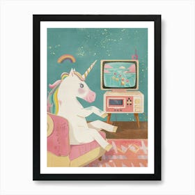Pastel Unicorn Playing Video Games Storybook Style Art Print