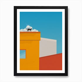 Minimal art colorful Cat On Roof Art Print