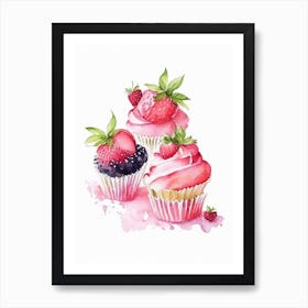 Strawberry Cupcakes, Dessert, Food Watercolour 1 Art Print