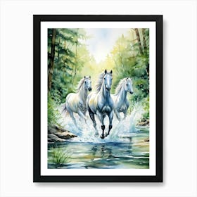 Surreal Water Horses Majestically Galloping Along The Silvery Path Of A Wild Stream Clear Rushing W Art Print