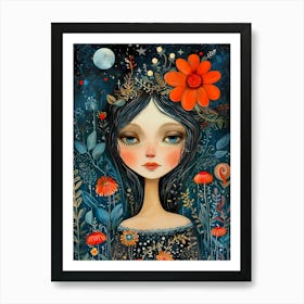 Girl With Flowers by night Art Print