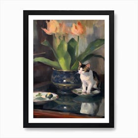 Flower Vase Lotus With A Cat 4 Impressionism, Cezanne Style Art Print