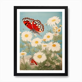 Butterflies In The Daisies Japanese Style Painting 2 Art Print