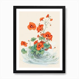 Great Wave With Nasturtium Flower Drawing In The Style Of Ukiyo E 4 Art Print