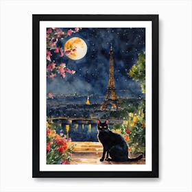 The Black Cat in Paris - Black Cat Travels Series Visiting The Eiffel Tower on a Full Moon Iconic France   Traditional Watercolor Art Print Kitty Travels Home and Room Wall Art Cool Decor Klimt and Matisse Inspired Modern Awesome Cool Unique Pagan Witchy Witches Familiar Gift For Cat Lady Animal Lovers World Travelling Genuine Works by British Watercolour Artist Lyra O'Brien Art Print