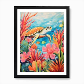 Pastel Sea Turtle With Tropical Flowers Art Print