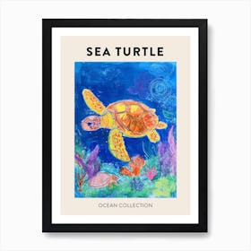 Colourful Sea Turtle Exploring Deep Into The Ocean Crayon Doodle Poster 1 Art Print