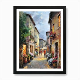 A painting of a street in a small town, a fine art painting, by Bernard D’Andrea, trending on cg society, josephine wall and pino daeni, beautiful painting of a tall, garmash, cinq terre, lourmarin, spring evening, in an alley, painted with a thin brush, raphaël, Art Print