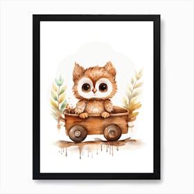 Baby Owl On A Toy Car, Watercolour Nursery 2 Art Print