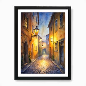 A Cobblestone Alleyway With Lanterns Hanging Betw (1) Affiche