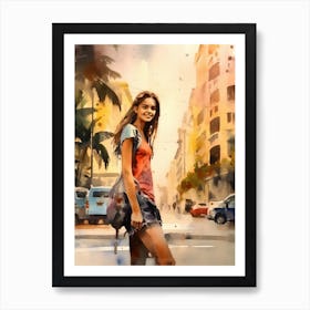 Girl Skateboarding In Rio De Janeiro, Brazil Watercolour 2 Art Print