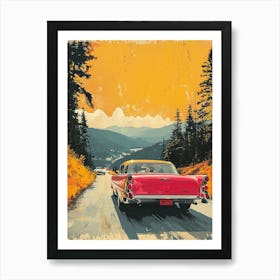 Retro Road Trip With Classic Car – Vibrant Vintage Travel Poster Art Print Art Print