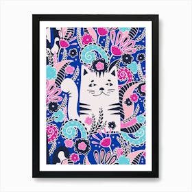 Kitten In The Spring Garden, Blue background Art Print