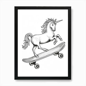 Unicorn On A Skateboard Black And White Doodle 1 Art Print