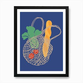 Food Illustration Grocery Bag Bread Veggies Preppy Contemporary Kitchen Art Print