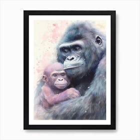 Baby And Mama Gorilla Art Watercolour Nursery 2 Art Print