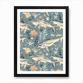 Pastel Blue Scalloped Hammerhead Shark Watercolour Seascape Pattern 2 Art Print