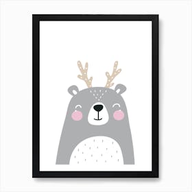 Scandi Grey Bear with Antlers Art Print