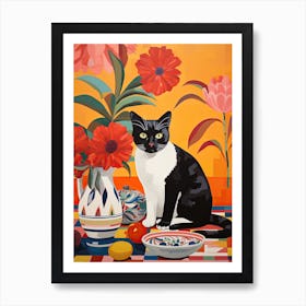 Protea Flower Vase And A Cat, A Painting In The Style Of Matisse 1 Art Print