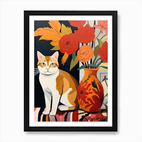 Calla Lily Flower Vase And A Cat, A Painting In The Style Of Matisse 3 Art Print