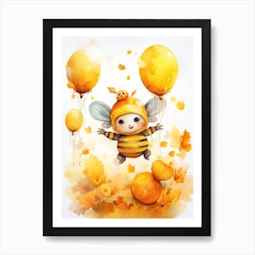 Bee Flying With Autumn Fall Pumpkins And Balloons Watercolour Nursery 3 Art Print
