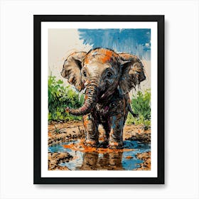 Baby Elephant In Puddle 1 Art Print