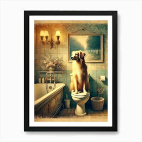 Golden Retriever in a Vintage Bathroom Scene Art Print