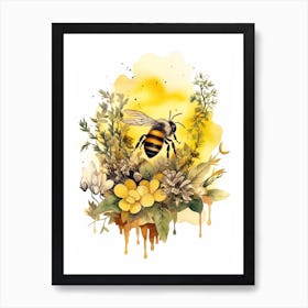 Yellow Bumble Bee Beehive Watercolour Illustration 2 Art Print