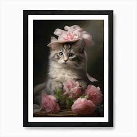 Cat With A Pink Headpiece & Flowers Art Print