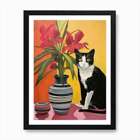 Orchid Flower Vase And A Cat, A Painting In The Style Of Matisse 0 Art Print