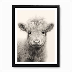 Black & White Illustration Of Baby Highland Cow 1 Art Print