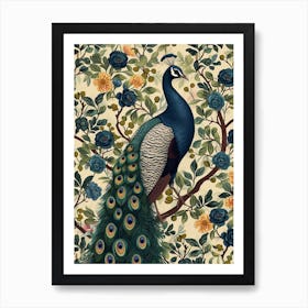 Sepia Blue Peacock Floral Wallpaper Art Print