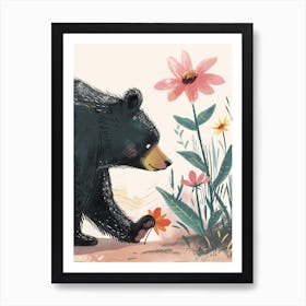 American Black Bear Sniffing A Flower Storybook Illustration 3 Art Print