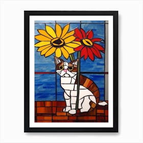 Aster With A Cat 2 Stained Glass De Stijl Style Mondrian Art Print
