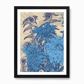 Abstract Botanical Fiddleheads and Dahlias in Indigo and Ivory, Collage No.12623 - 09 Art Print