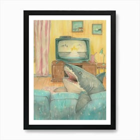 Shark On The Sofa Watching Tv Watercolour Illustration Art Print