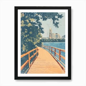 Lady Bird Lake And The Boardwalk Austin Texas Colourful Blockprint 1 Art Print