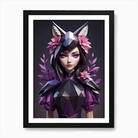 Low Poly Floral Fox Girl, Purple (14) Art Print